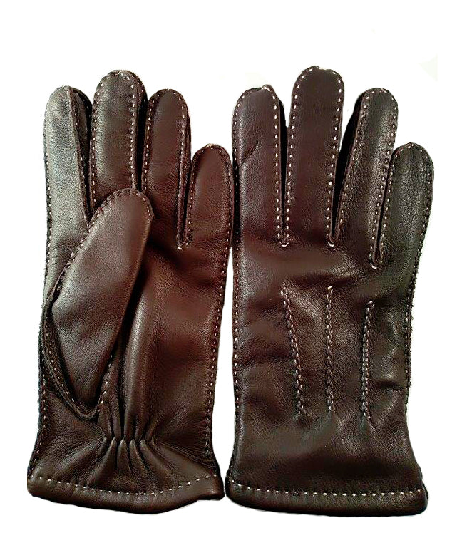 Herre - Håndsyet brunt hjorteskind - kontrast stikn. - med lambswool TILBUD kr. 599,00
